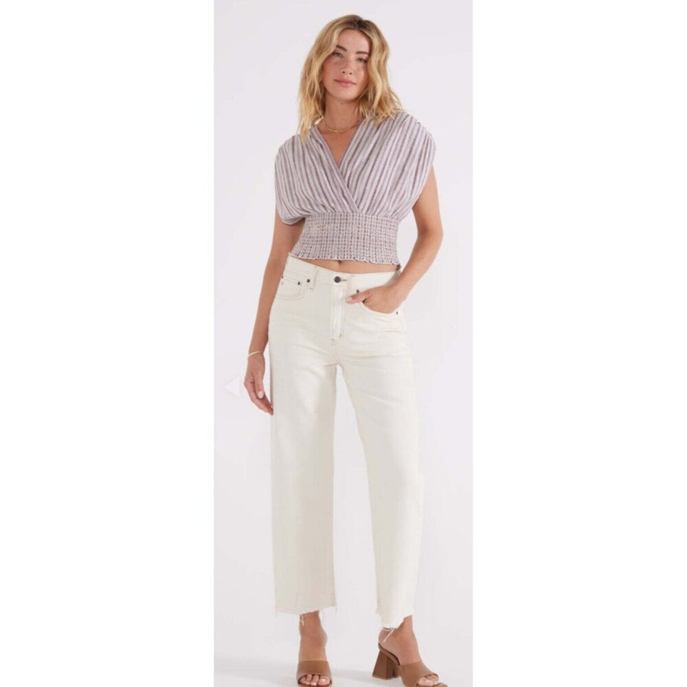 Etica Altin Loose Fit Crop Natural High Rise Wide Leg Raw Hem Jeans 31 NWT